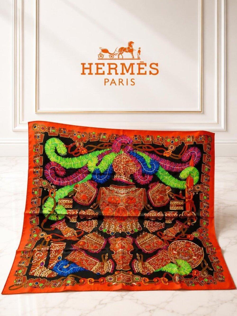Authentic Hermès Chocs en Plumes Carré 90 Silk Scarf